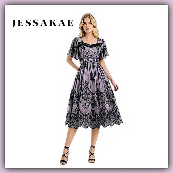JessaKae Esmeralda Black Lace Midi Dress - Picture 1 of 13